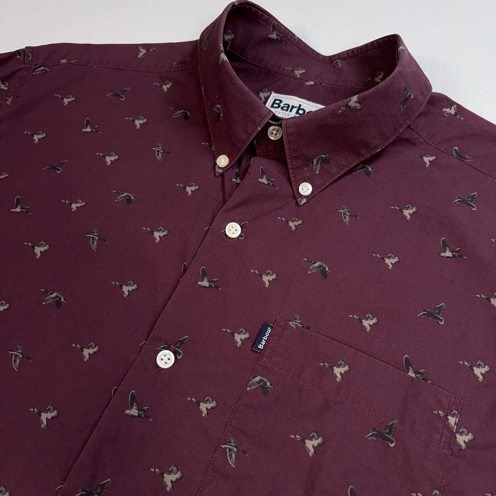 Barbour Layson Shirt Men's L Burgundy Duck Bird Print Cotton Pocket Button Down